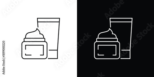 Elegant Line Art Vector Icon Set for Skincare and Beauty Products, Featuring a Cream Jar and Lotion Tube for Cosmetic Branding and Web Design