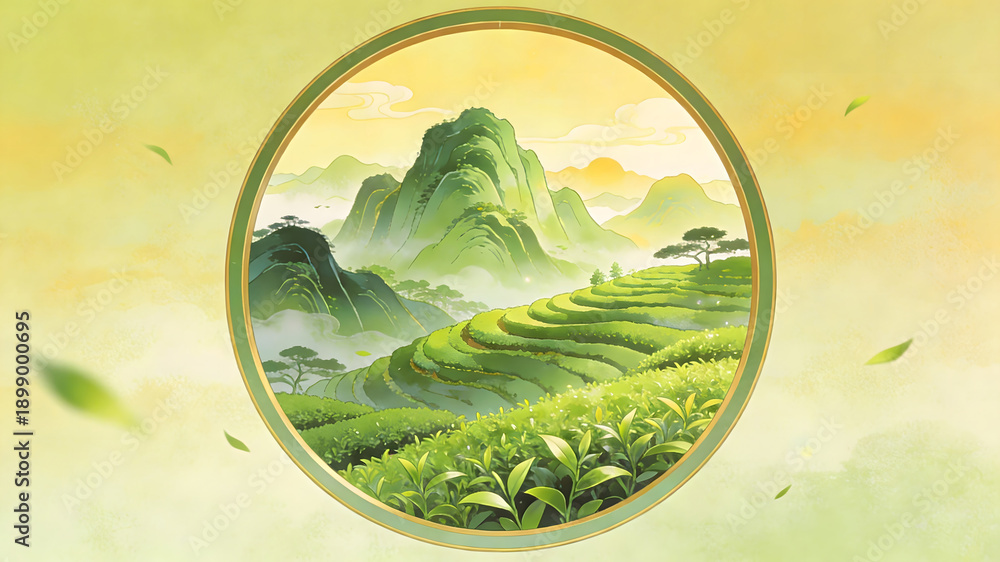 Fototapeta premium Modern Chinese style illustration of lush tea mountains in a circular frame