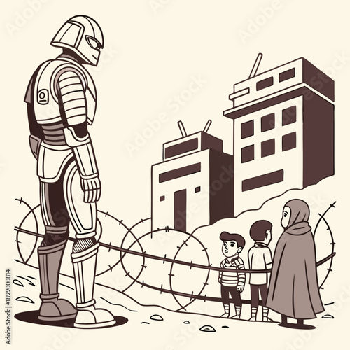 A Giant Robotic Figure Stands Guard Over Barbed Wire In Front Of Two Children And An Adult Observing Dilapidated Buildings Under A Sepia Sky