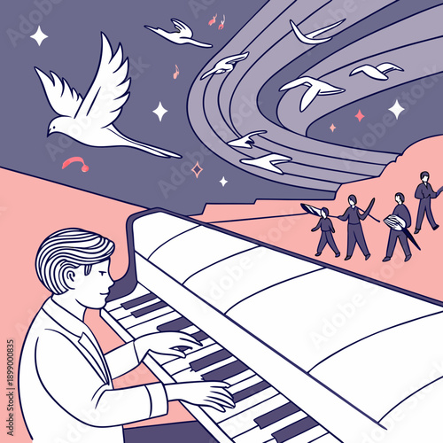 A person plays a grand piano in a dreamlike landscape with birds flying towards a swirling rainbow sky and silhouetted figures dancing on a distant hill under a starry night sky