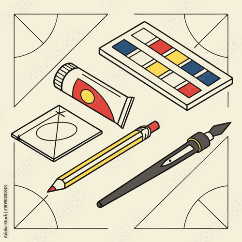 A Top Down View of Art Supplies Including a Paint Palette Watercolor Tube Eraser Pencil and Ink Pen Arranged on a Light Beige Background with Geometric Corner Details