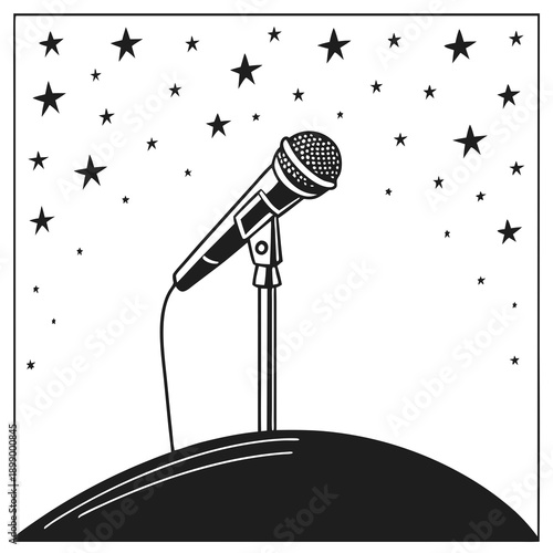 A Vintage Microphone Stands Center Stage Under a Shower of Stars on a Dark Curved Stage with a White Background and a Spotlight Effect