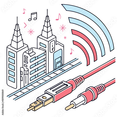 Abstract Illustration of Cityscape with Audio Cables and Musical Notes Symbolizing Connectivity and Sound Waves Flowing Through Urban Environment