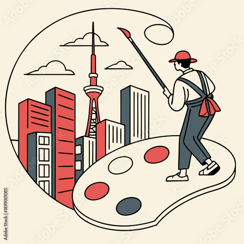 Artist paints cityscape from a palette in a creative urban setting with modern buildings and a prominent tower under a cloudy sky