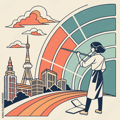 Artist Painting A Colorful Urban Cityscape With A Giant Rainbow Color Palette Arch Design And A Tall Tower Structure In The Background With Soft Orange Clouds In The Sky