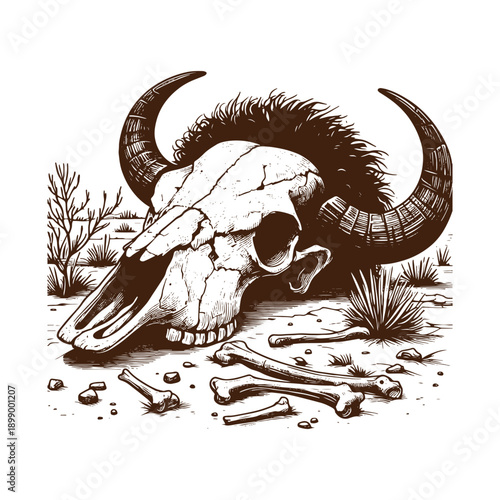  Animal skull with horns in the wild