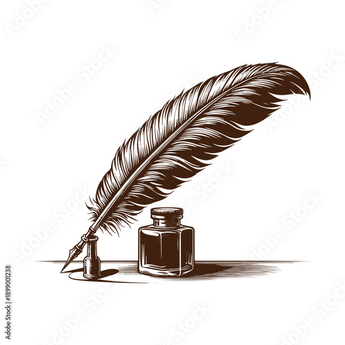  Vintage quill pen and ink bottle on white background