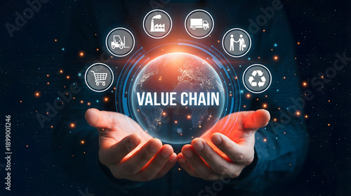 Human hands presenting a glowing digital global earth with value chain process icons