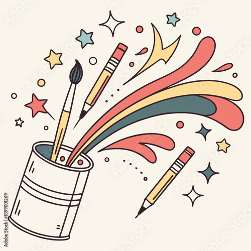 Artistic Inspiration Unleashed With Paintbrush Pencil and Stars Exploding From a Can in a Whimsical Doodle Style Illustration