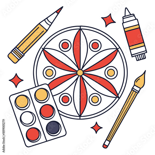 Artistic Mandala Creation with Watercolor Paintbrush Pencil and Marker on White Background symbolizing Creativity and Craftsmanship in a Vibrant Palette of Red Yellow and Blue