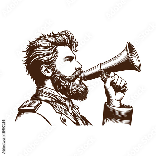  Man with beard using megaphone to make announcement