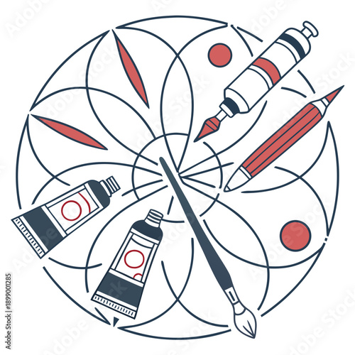 Artistic Mandala Design Featuring Painting Supplies Including Paint Tubes Brush and Pencil in Blue Red and White Hues Against a White Background Symbolizing Creativity and Craftsmanship