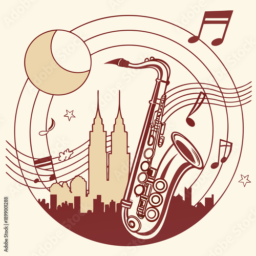 Artistic Rendition of a Jazz Saxophone Against a City Skyline Under a Crescent Moon With Musical Notes Flowing Around Musical Symphony