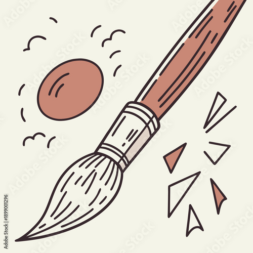 Artistic Sketch of a Paintbrush with a Single Brown Egg and Abstract Shapes on a Cream Background Illustrating Creativity and Artistic Expression