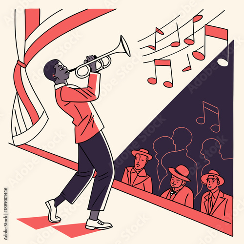 Black Man Plays Trumpet On Stage With Music Notes Floating And Audience Watching In Warm Tones Stage Lighting