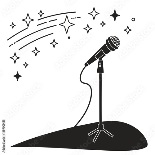 Black Silhouette Of A Microphone On A Stand Under A Trail Of Stars And Streaks On A White Background Representing Performance And Celebration