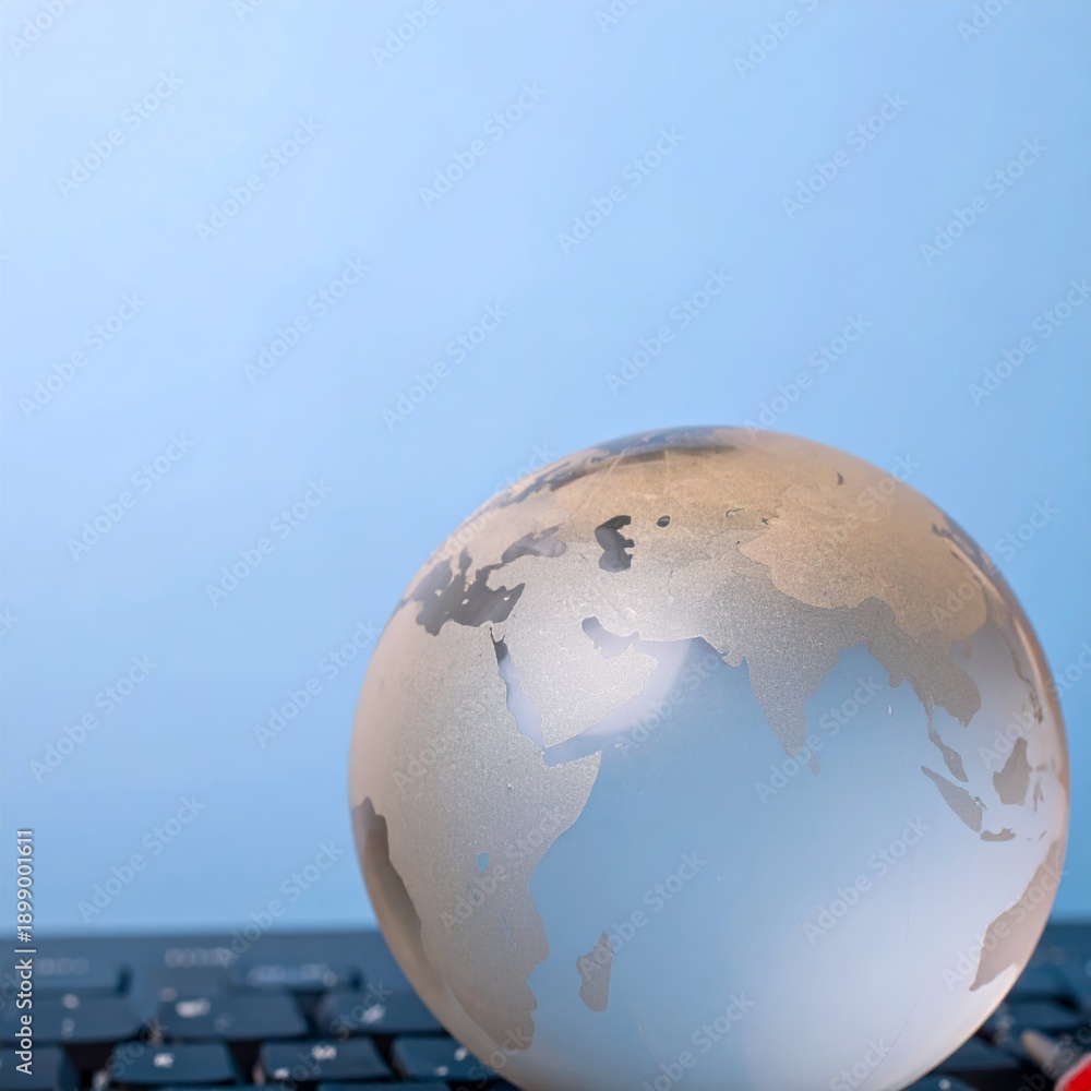 Fototapeta premium Glass Globe on Keyboard Symbolizing Global Connectivity and Digital Communication.