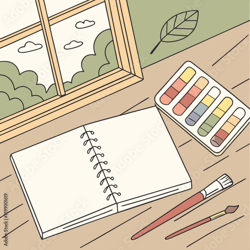 Cozy art studio scene with open sketchbook paint palette brushes and window view of clouds and trees during the daytime natural light creates a peaceful atmosphere for creativity and inspiration