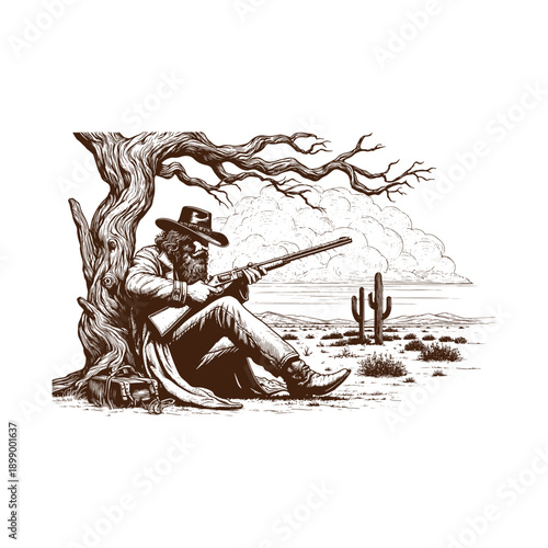 Man sitting under tree with rifle in desert landscape
