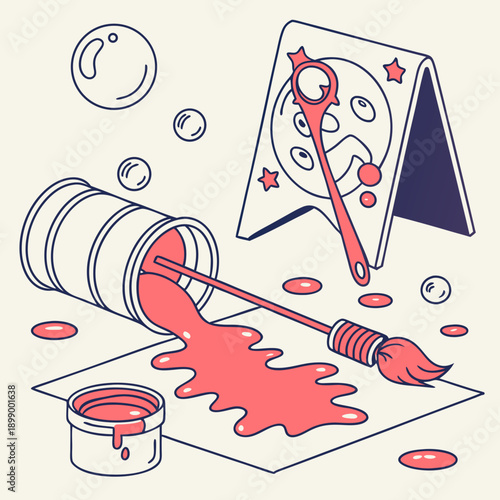 Creative Art Studio Scene with Spilled Coral Paint and Bubbles Artistic Inspiration Unfolding on a Light Background with a Canvas and Brush Tools