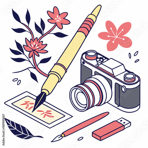 Creative Collection Fountain Pen Writing Japanese Characters on Paper Near Vintage Camera USB Drive and Paintbrush Artistic Tools with Cherry Blossoms Spring Season Illustration