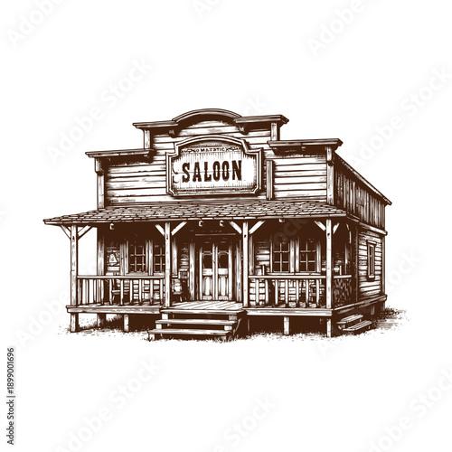  Vintage saloon building with porch and sign