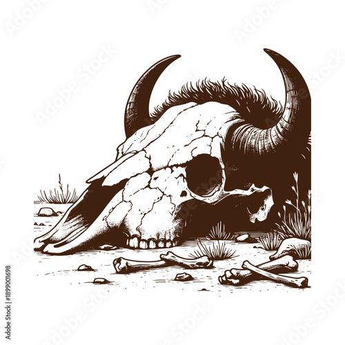 Cow skull with horns and bones on the ground