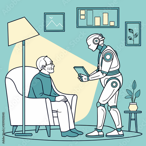 Elderly man in armchair interacts with a modern robot holding a tablet in a room with a floor lamp and artwork on the walls showing innovation and future technology in home care services