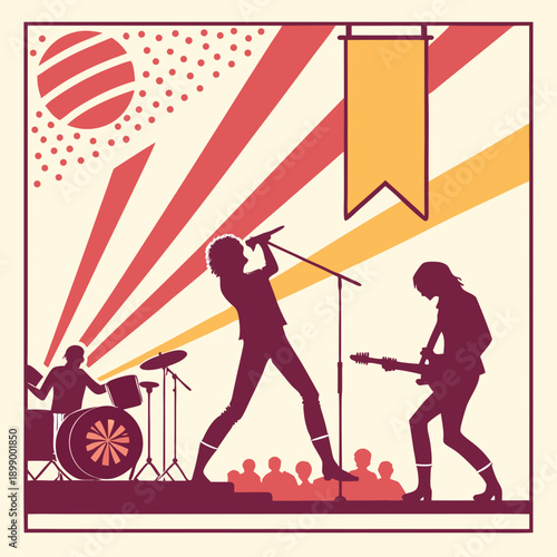 Dynamic Silhouette of a Rock Band Performing Live on Stage with a Vibrant Sunburst Background and Audience Silhouettes Under Warm Spotlight Lighting