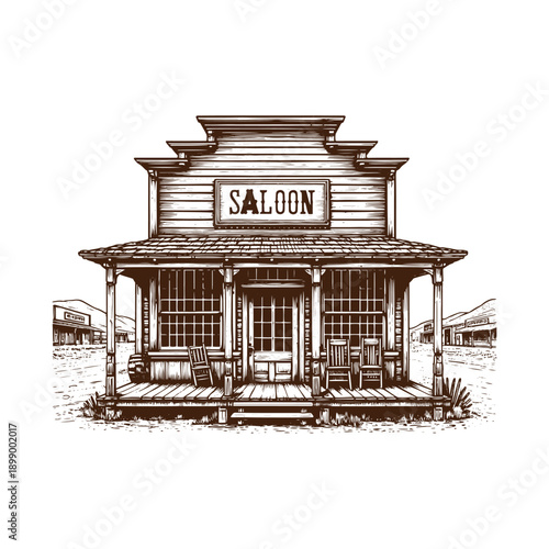 Vintage saloon building with porch and sign