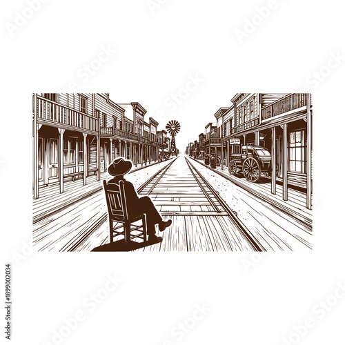  Man sitting on chair in the middle of a western town street