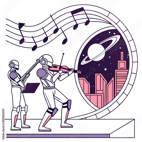 Futuristic Robots Play Violin and Guitar Amidst Cosmic Symphony Overlooking Futuristic Cityscape With Ringed Planet