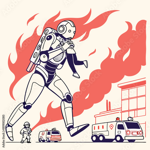 Giant Robot Firefighter Carries Child Through Flames Rescuing From Burning Building With Fire Trucks and Human Firefighter on Beige Background Minimalist Style