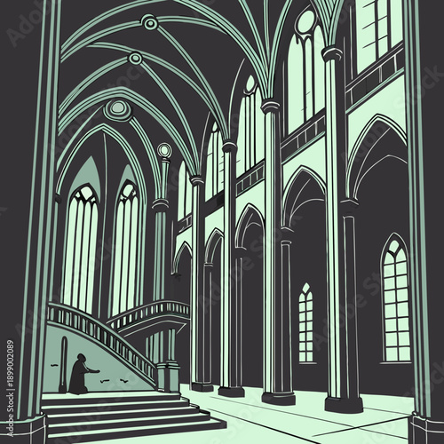 Grand Gothic Cathedral Interior With Tall Arched Windows And A Majestic Staircase In Muted Green And Dark Gray Tones