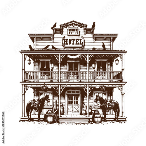  Vintage hotel illustration with horses and crows