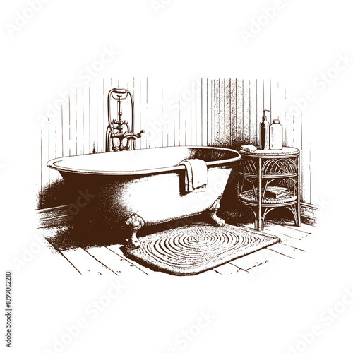  Vintage bathroom scene with clawfoot bathtub and accessories