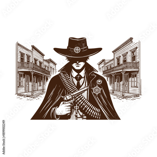  Cowboy with rifle standing in front of old west buildings