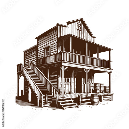  Vintage wooden saloon building with porch and staircase