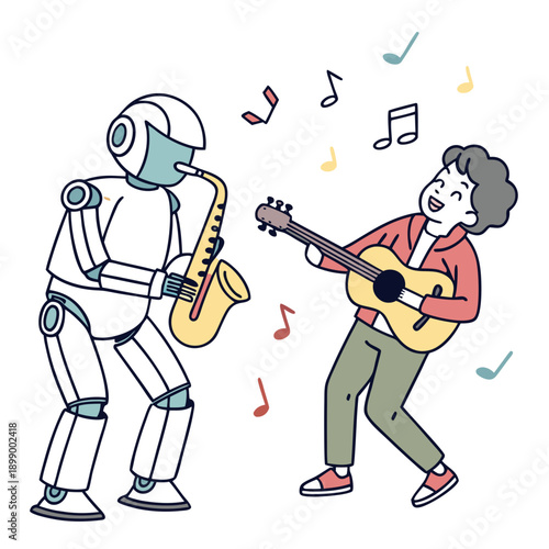 Joyful Elderly Person Plays Guitar Alongside a Robot Saxophonist Creating Melodies Together in a Cheerful Outdoor Setting with Musical Notes Floating in the Air