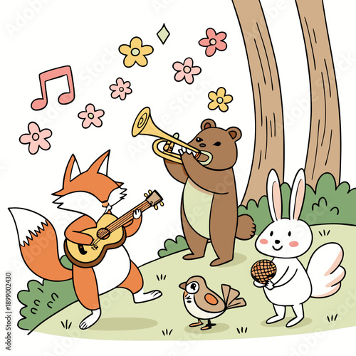 Joyful Woodland Creatures Play Music Together A Fox Strums Guitar A Bear Toots Trumpet A Rabbit Holds A Treat And A Bird Sings Amidst Flowers And Trees With A Soft Natural Ambiance