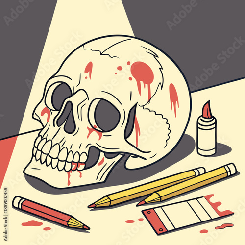 Macabre Still Life Featuring A Human Skull Splattered With Blood Beside Art Supplies Including Pencils And Markers Under Dramatic Lighting With A Stark Background