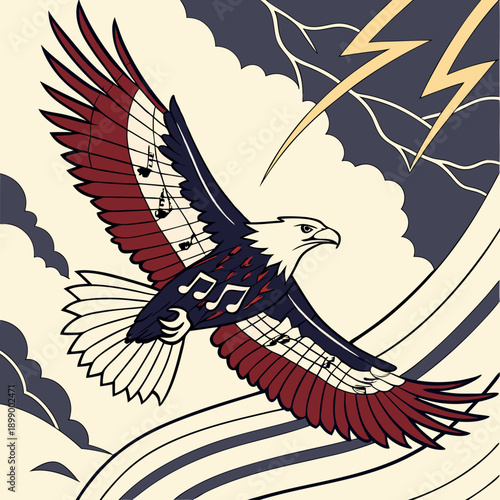 Majestic Eagle Soaring Through Stormy Skies with Musical Notes Symbolizing Freedom and Harmony Against a Textured Background with Lightning Accents