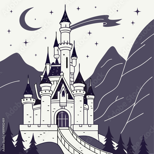 Majestic Pixel Art Castle on a Bridge at Night Surrounded by Mountains and Stars with a Crescent Moon and Shooting Star