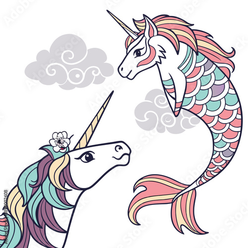 Mythical creatures hippocampus and unicorn with flowing manes and tails in pastel colors against a soft cloudy background representing fantasy and magic