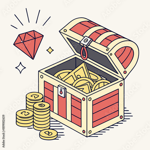 Open Wooden Treasure Chest Overflowing With Gold Coins And A Large Red Diamond Symbolizing Wealth And Riches In A Simple Flat Illustration Style