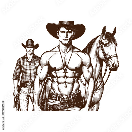  Cowboy illustration with muscular man and horse