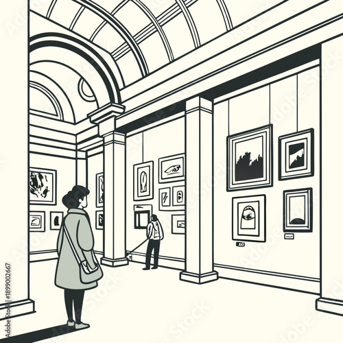 People admire artwork in a grand museum hall with ornate architecture and natural light illuminating paintings on the walls showcasing art and culture in a sophisticated indoor environment