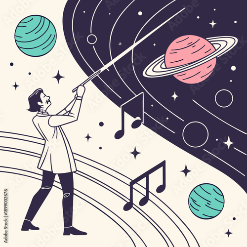 Person Conducts Celestial Symphony Amidst Planets Stars and Musical Notes in Cosmic Background with Saturn and Ringed Planets