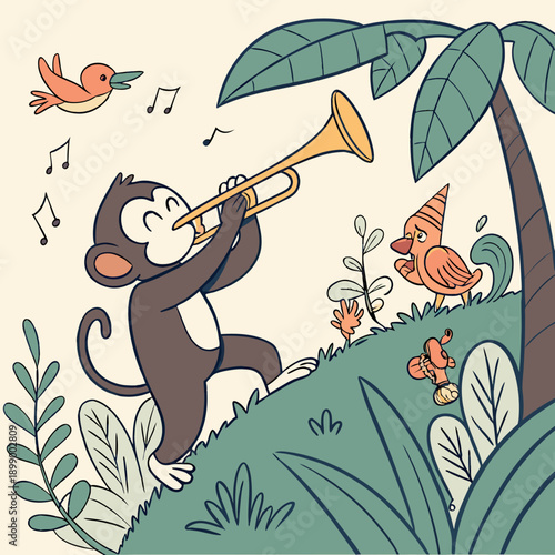 Playful Monkey Serenades Birds With Trumpet in Lush Green Jungle Scene Under Palm Tree