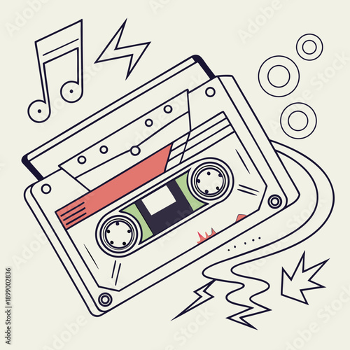 Retro Cassette Tape with Musical Notes and Abstract Shapes on a Light Background Representing Nostalgia and Sound Vibrations